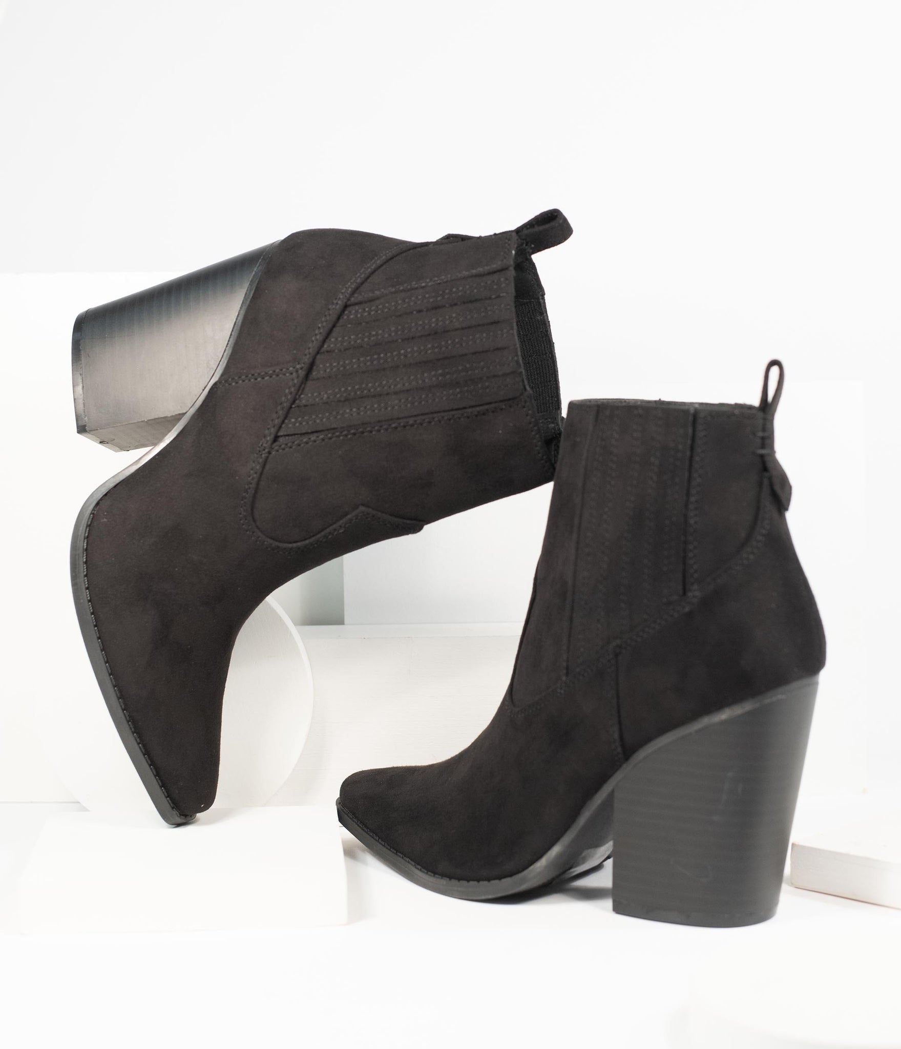 Western Style Black Pointed Toe Suede Booties