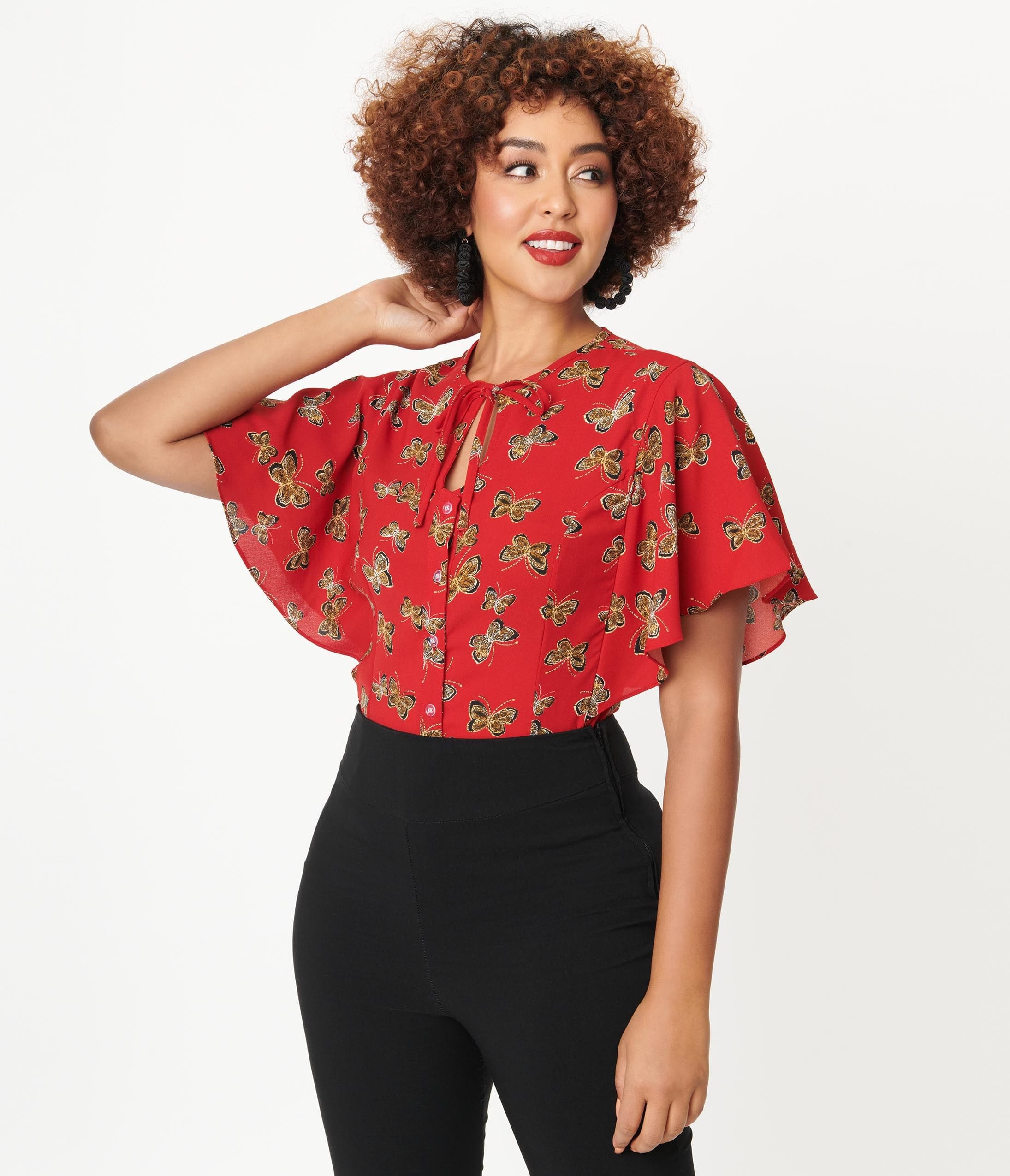 

Unique Vintage Burgundy & Butterfly Print Cecilia Blouse