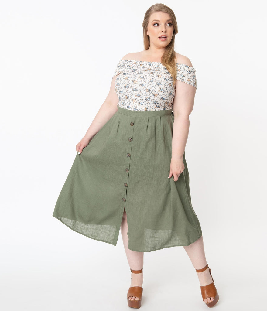 Size Green Button Front Midi Skirt – Unique Vintage