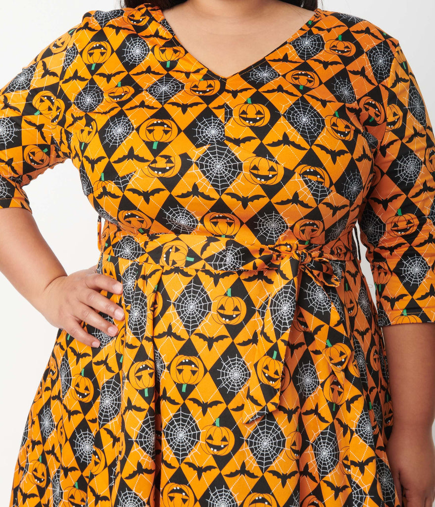 Plus Size Orange & Black Argyle Pumpkin Print Pamela Swing Dress