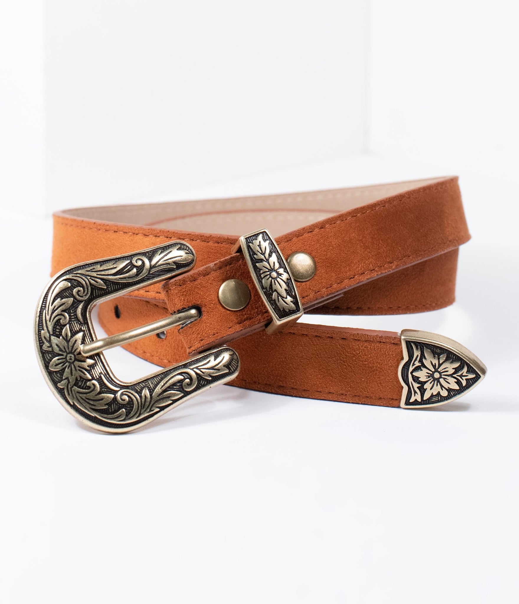 Brown Leatherette & Bronze Western Buckle Belt