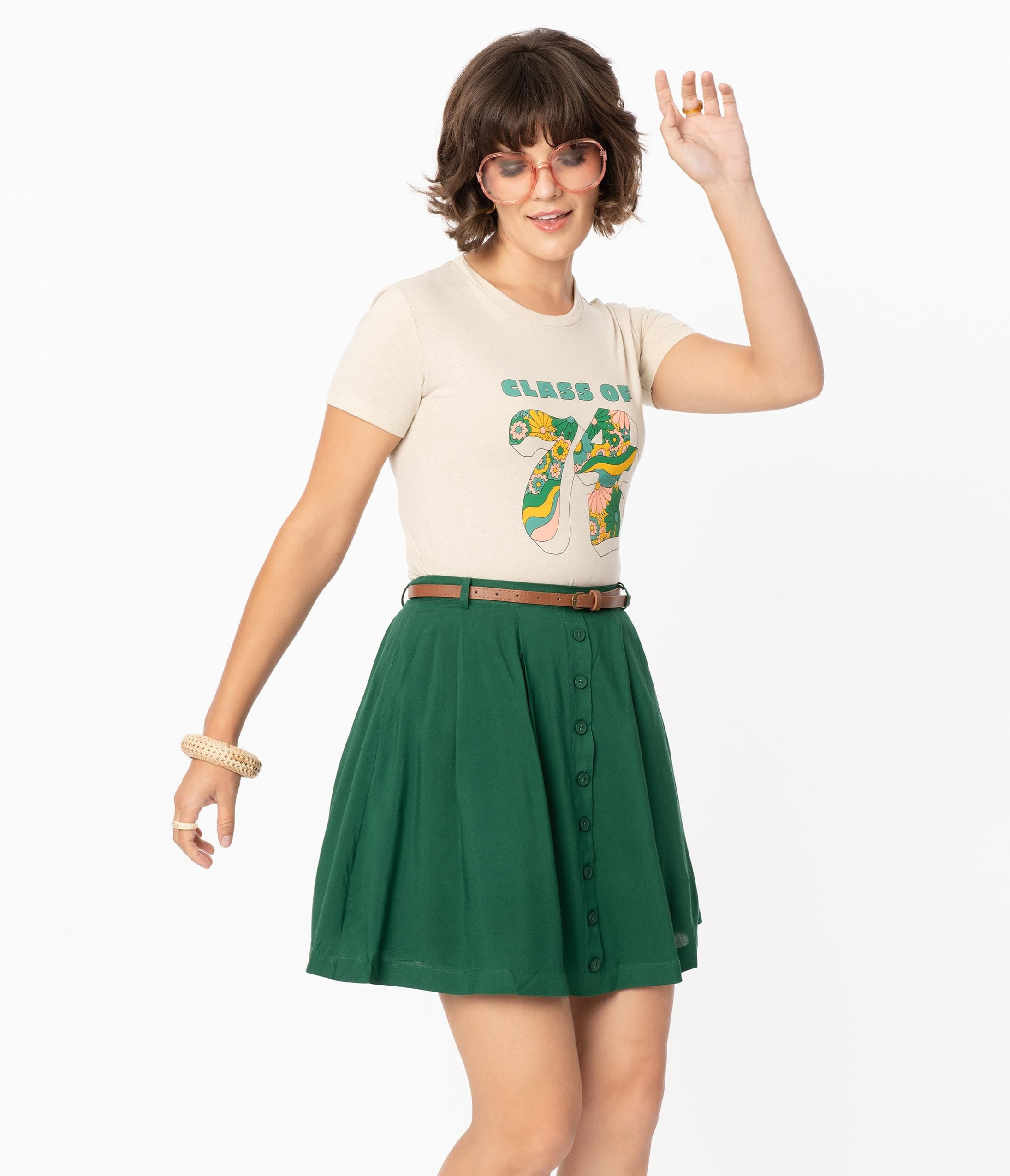 

Retro Style Green Belted Flare Skirt