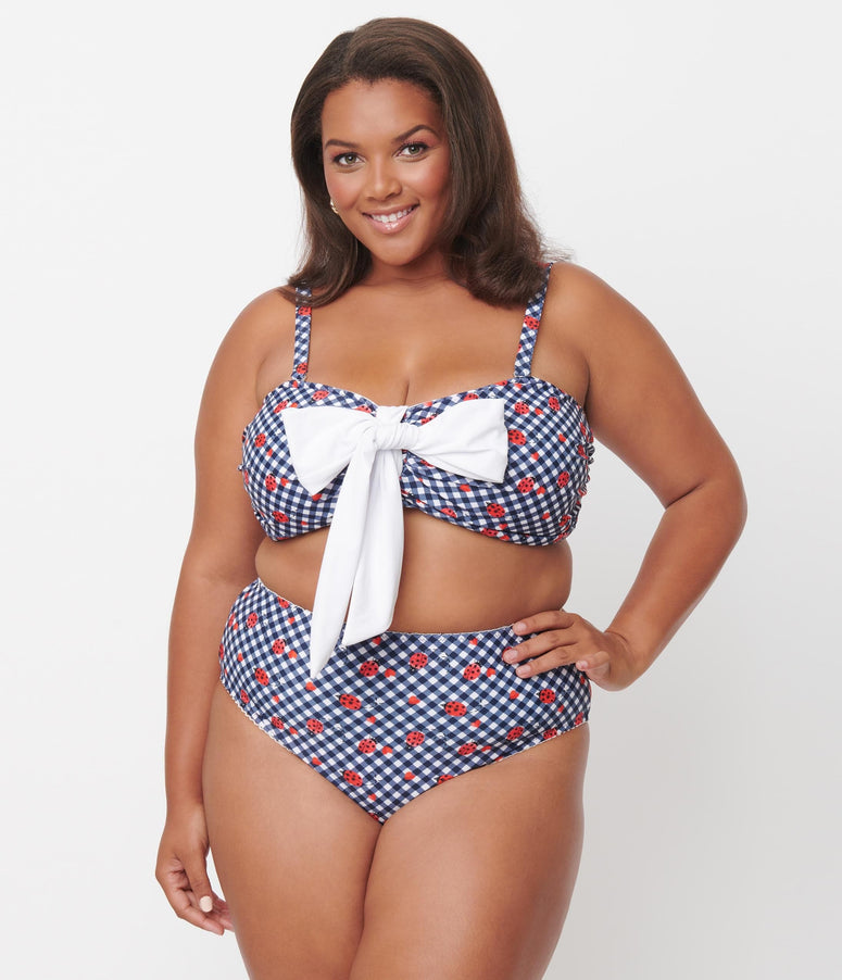 acwashingmachines Plus Size Navy Gingham & Ladybug Print Rialto Bikini Top