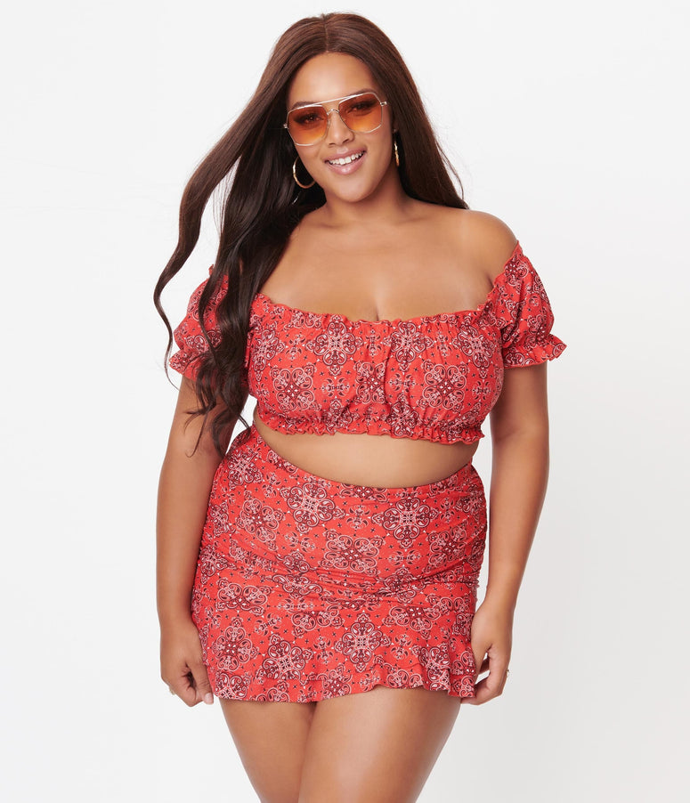 acwashingmachines Plus Size Red Bandana Print Encinitas Swim Crop Top