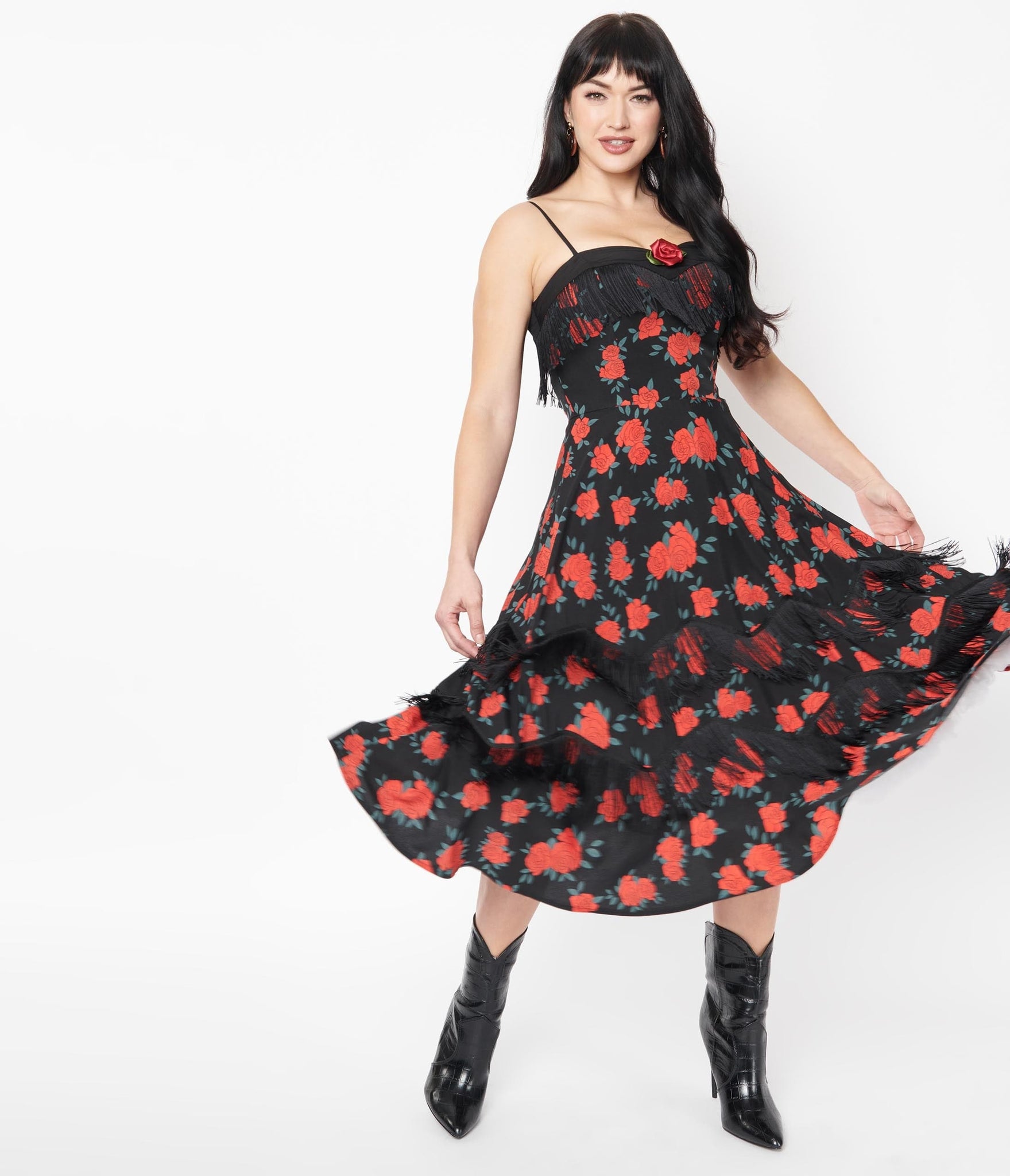 Unique Vintage Black & Red Rose Print and Fringe Girlie Swing Dress