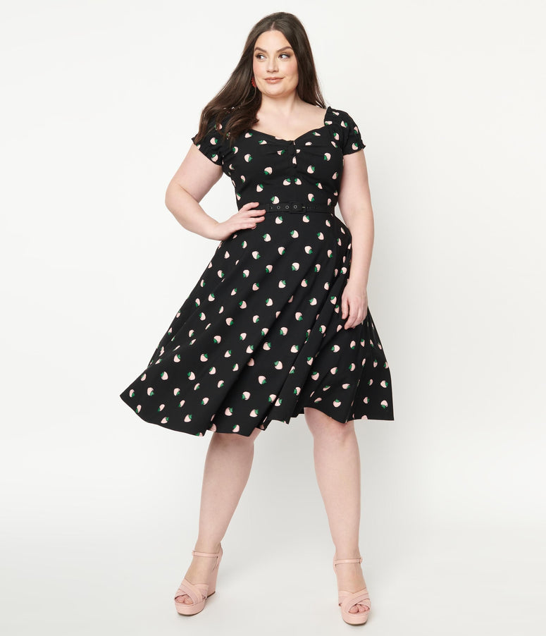 1950s acwashingmachines Plus Size Black & Pink Strawberry Print Ohara Swing Dress