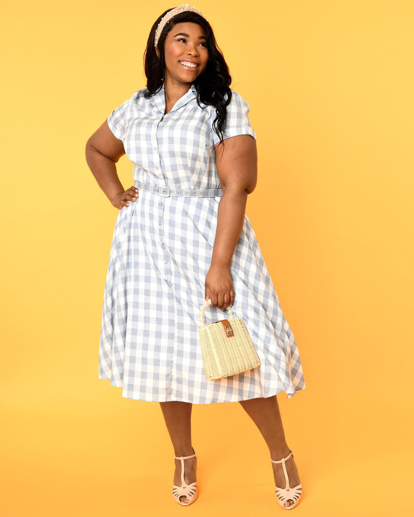 blue gingham swing dress