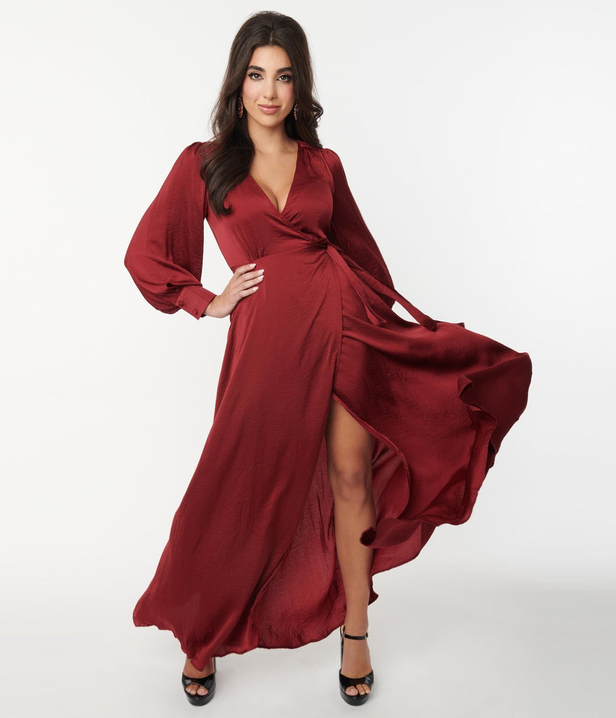 burgundy wrap dress long Big sale - OFF 67%