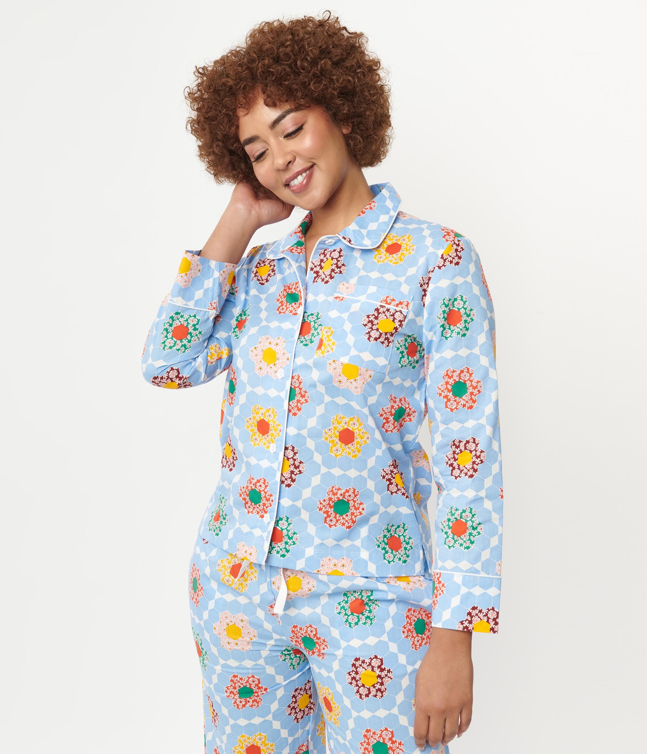 

Light Blue & Multicolor Floral Patchwork Pajama Top