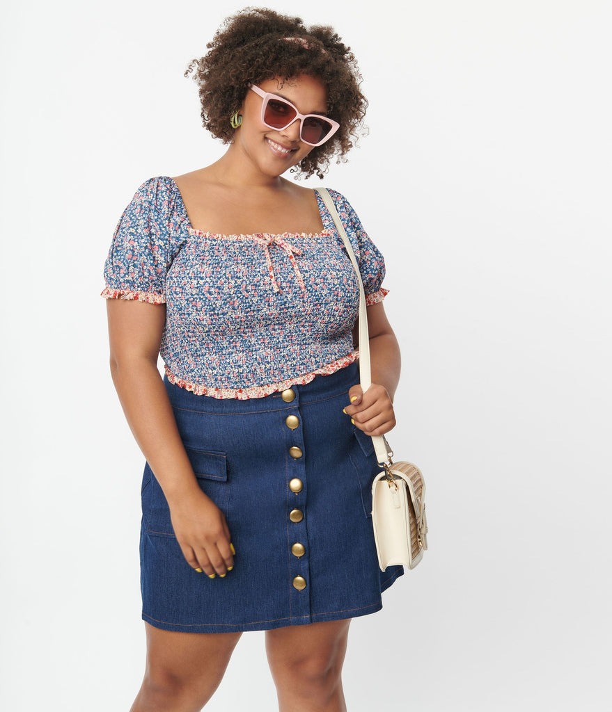 Unique Size Medium Blue Denim Button Up Mini Skirt