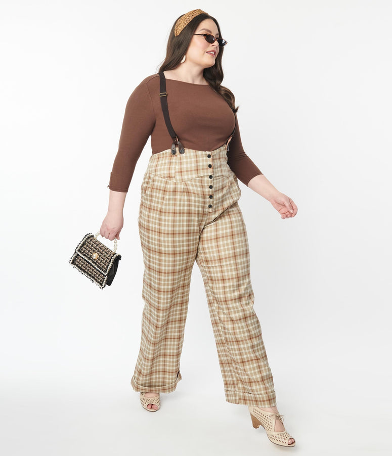1940s acwashingmachines Plus Size Brown Plaid Thelma Suspender Pants