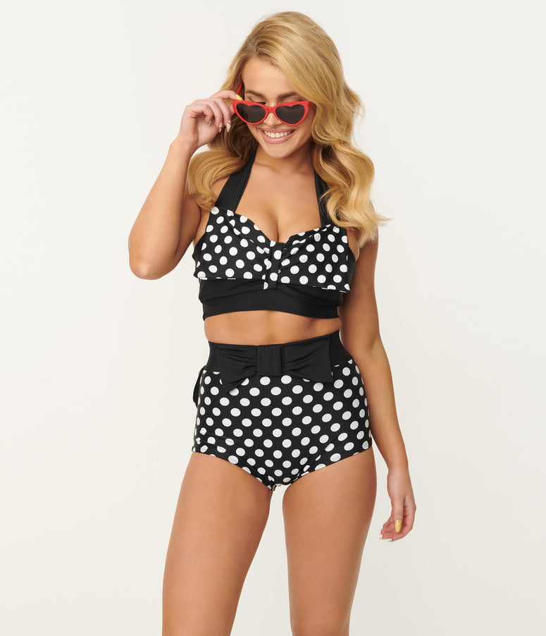 Vintage Style Black & White Dotted Bow Swim Top