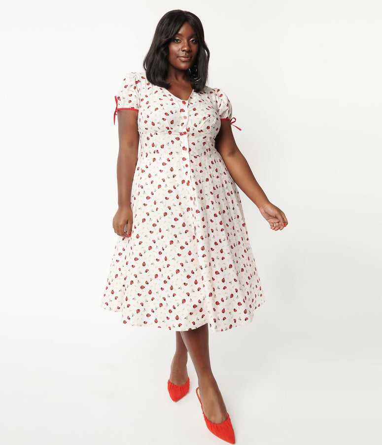 1940s acwashingmachines Plus Size Pink & Lady Bug Print Dora Swing Dress