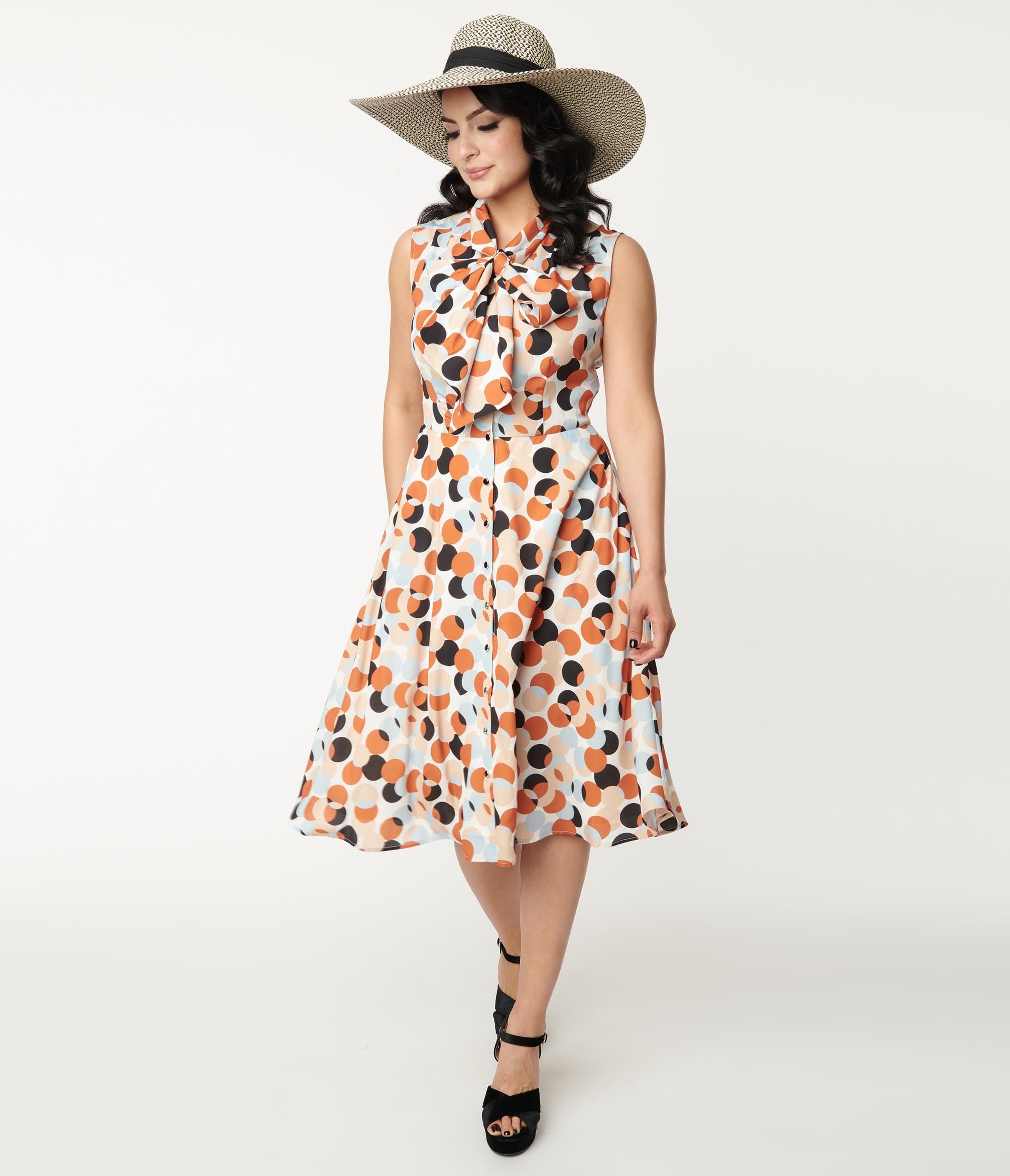 

Unique Vintage Rust & White Polka Dot Print Swing Dress