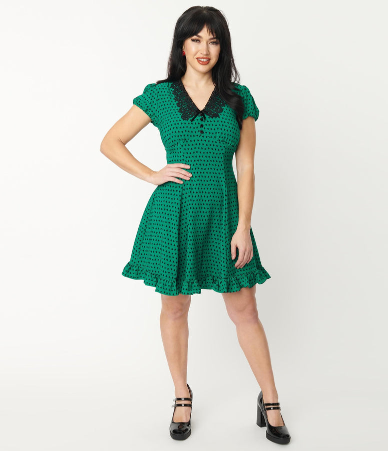 Hell Bunny Green & Black Hearts Paradisum Flare Dress