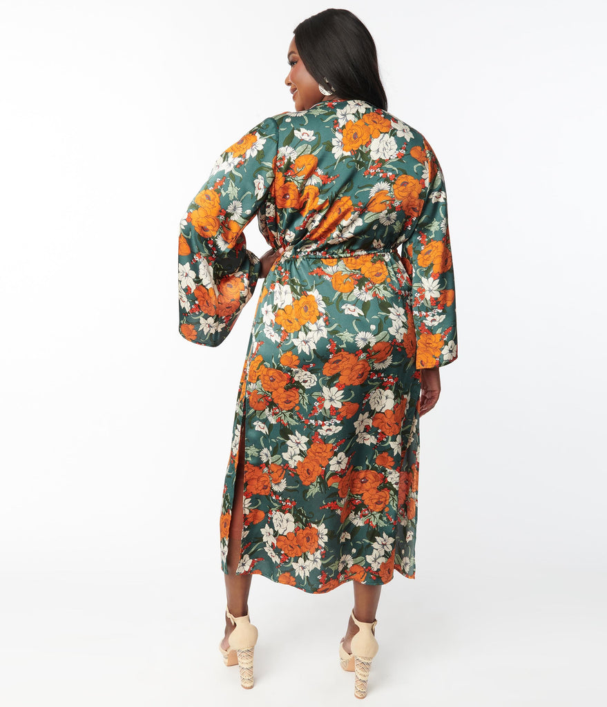 Unique Vintage Plus Dark Green & Orange Floral Sleeved Kimon