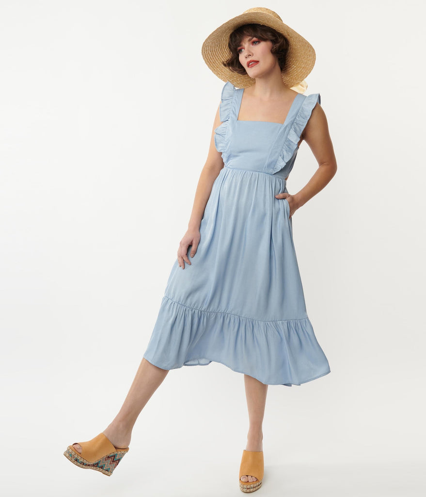 Chambray Ruffle Apron Midi Dress