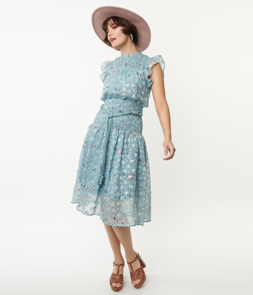 Blue & Floral Print Smocked Flare Dress