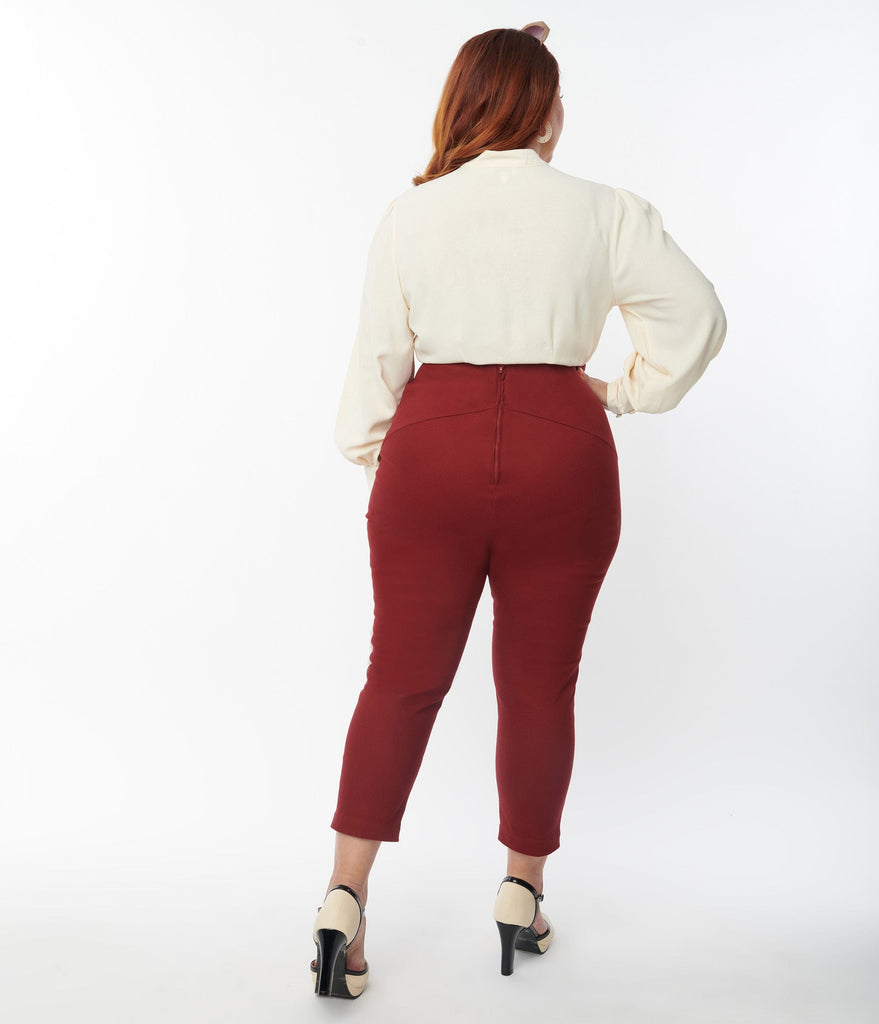 Unique Vintage Plus Size Burgundy V-Waist Crop Pants
