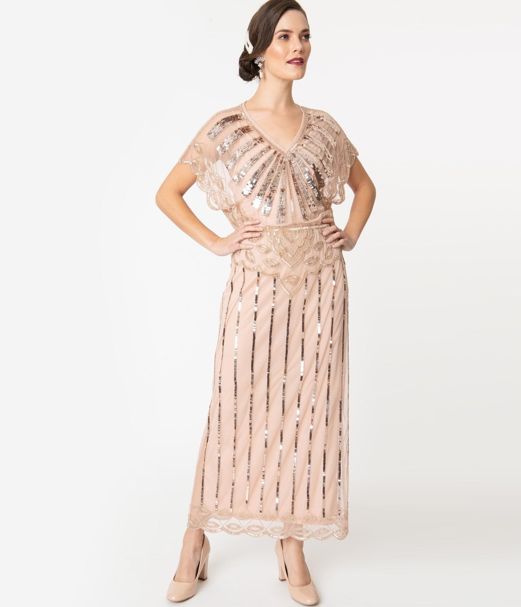 

1920S Blush Pink Deco Angelina Maxi Flapper Dress