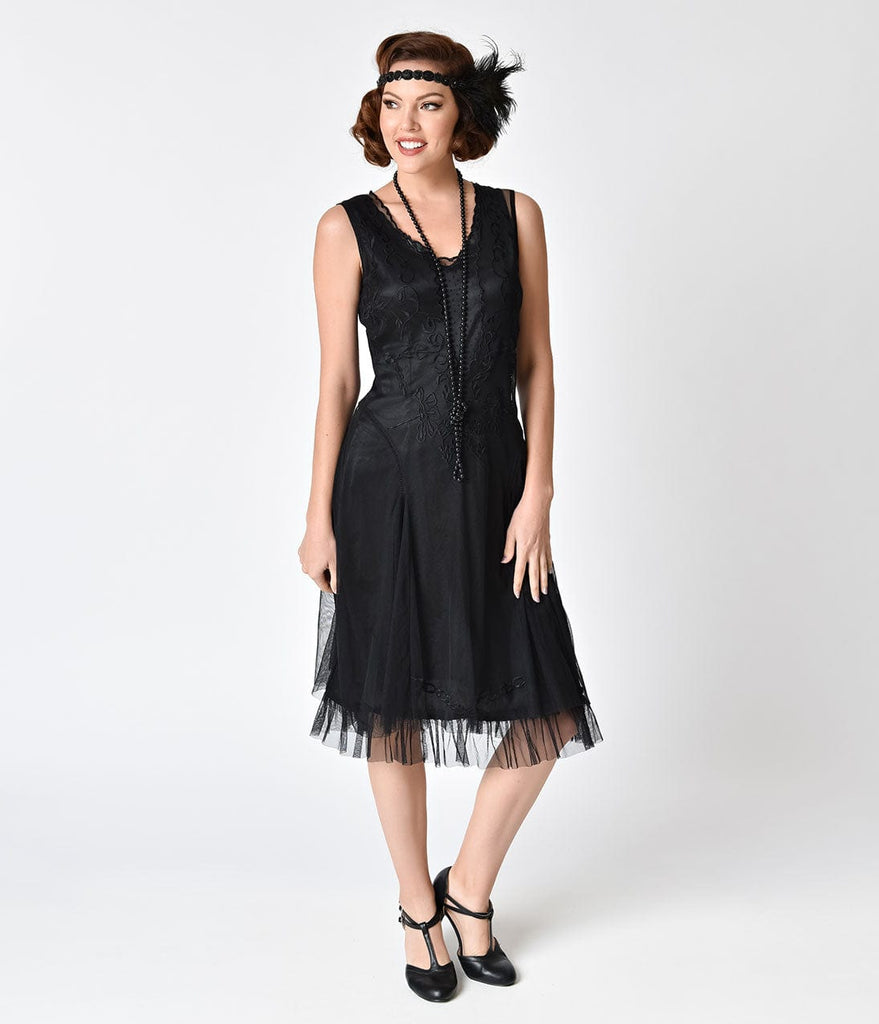 1920s Style Black Embroidered Tara Flapper Dress – Unique Vintage