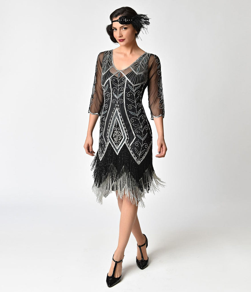 1920s Style Black And Silver Beaded Sleeved Scarlet Fringe Flapper Dress Unique Vintage