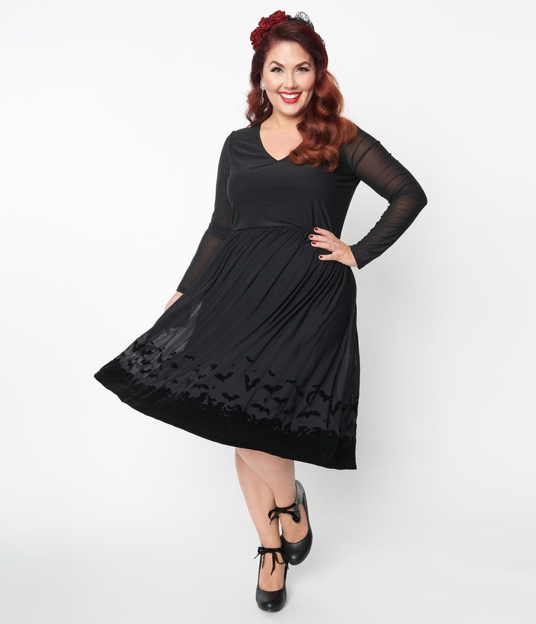 Collectif Plus Size Black Mesh Bat Border Swing Dress