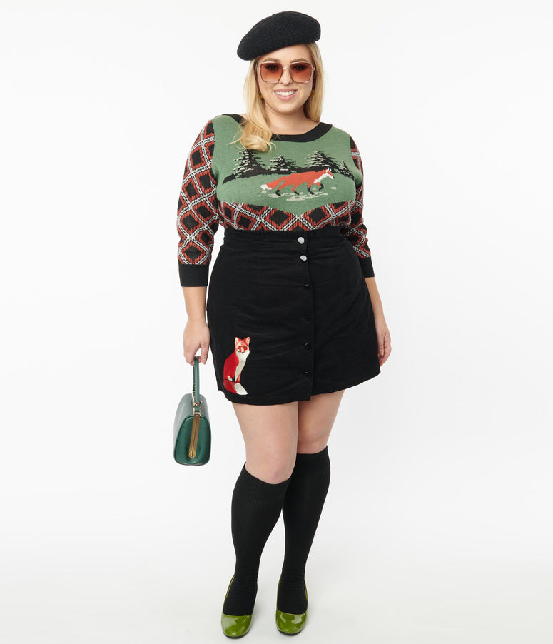 Smak Parlour Plus Size Black Corduroy & Fox Match Game Skirt