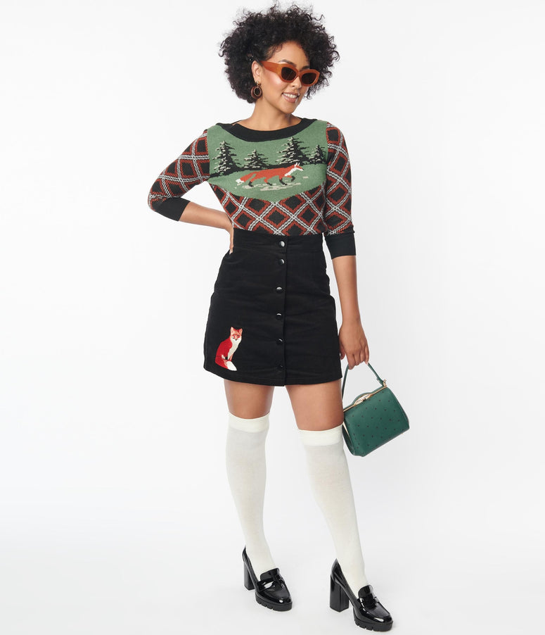 Smak Parlour Black Corduroy & Fox Match Game Skirt