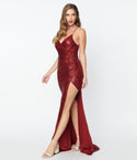 Floor Length Open-Back Slit Self Tie Sequined Mesh Sweetheart Dress