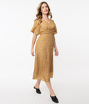 Modest V-neck General Print Vintage Side Zipper Gathered Elasticized Waistline Crepe Midi Dress