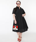 Collared Swing-Skirt Short Sleeves Sleeves Elasticized Waistline Side Zipper Cotton Dress