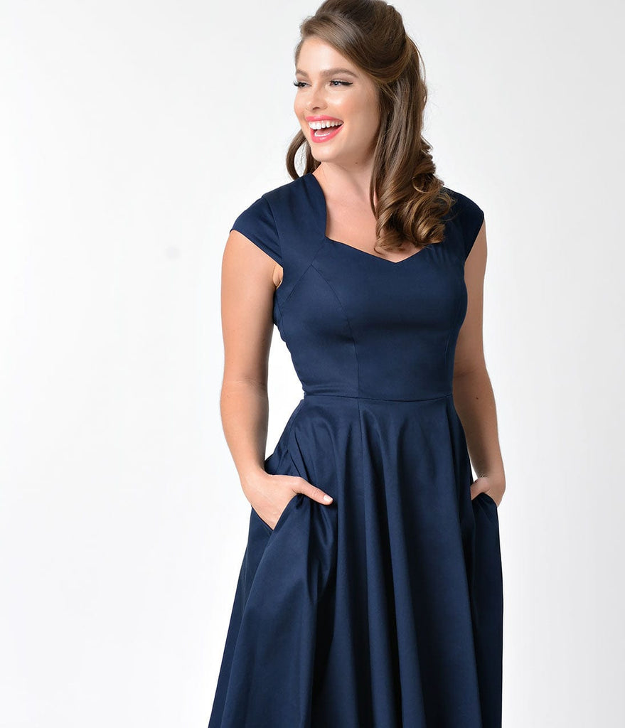 1950s Style Navy Blue Sweetheart Cap Sleeve Swing Dress – Unique Vintage
