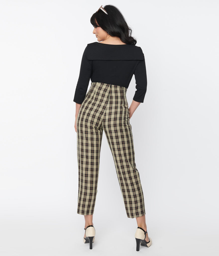 Unique Vintage Cream & Black Plaid Front Pleat Pants