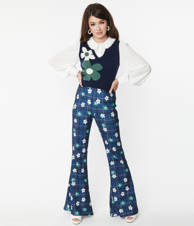 Smak Parlour Blue Plaid & Flower Power Flare Pants