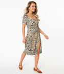 Smocked Short Shift Leopard Print Satin Dress by Sheen Clothing Ltd