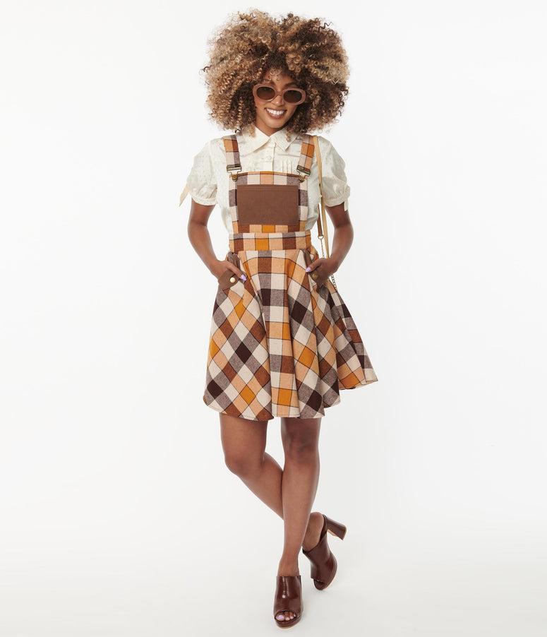 acwashingmachines Brown & Orange Plaid Brionne Pinafore Skirt