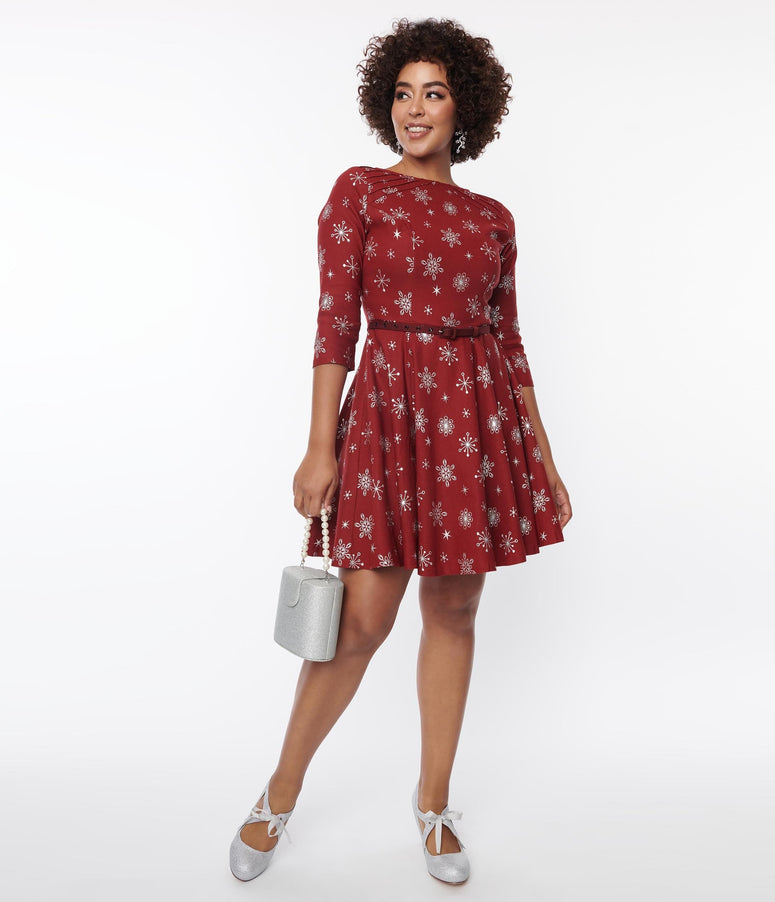 acwashingmachines Burgundy & Silver Snowflake Fit & Flare Dress