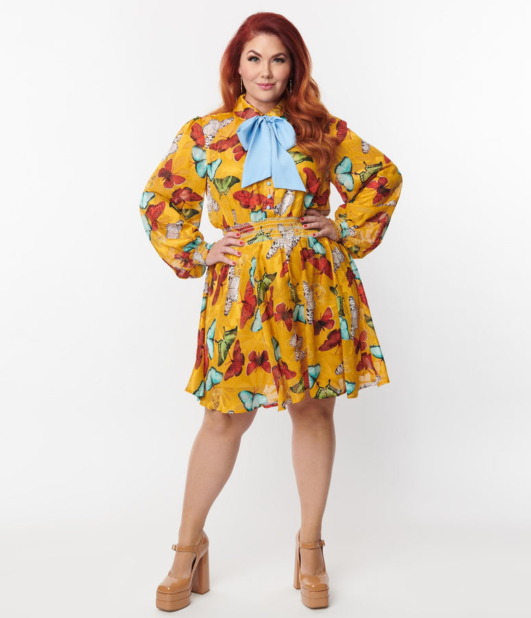 acwashingmachines Plus Size Mustard & Multi Butterfly Neck Tie Flare Dress