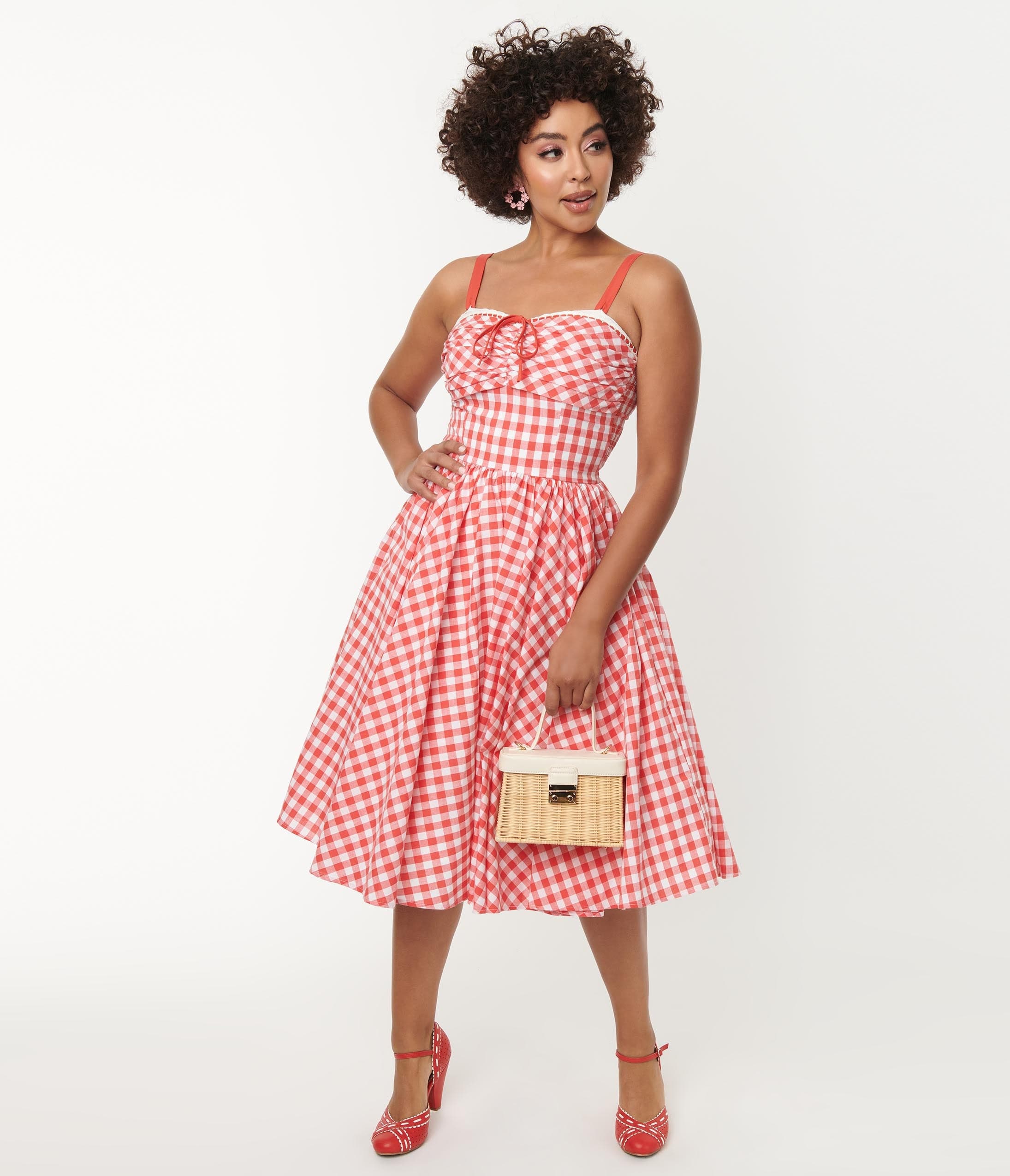 

Unique Vintage Coral Red Gingham Golightly Swing Dress