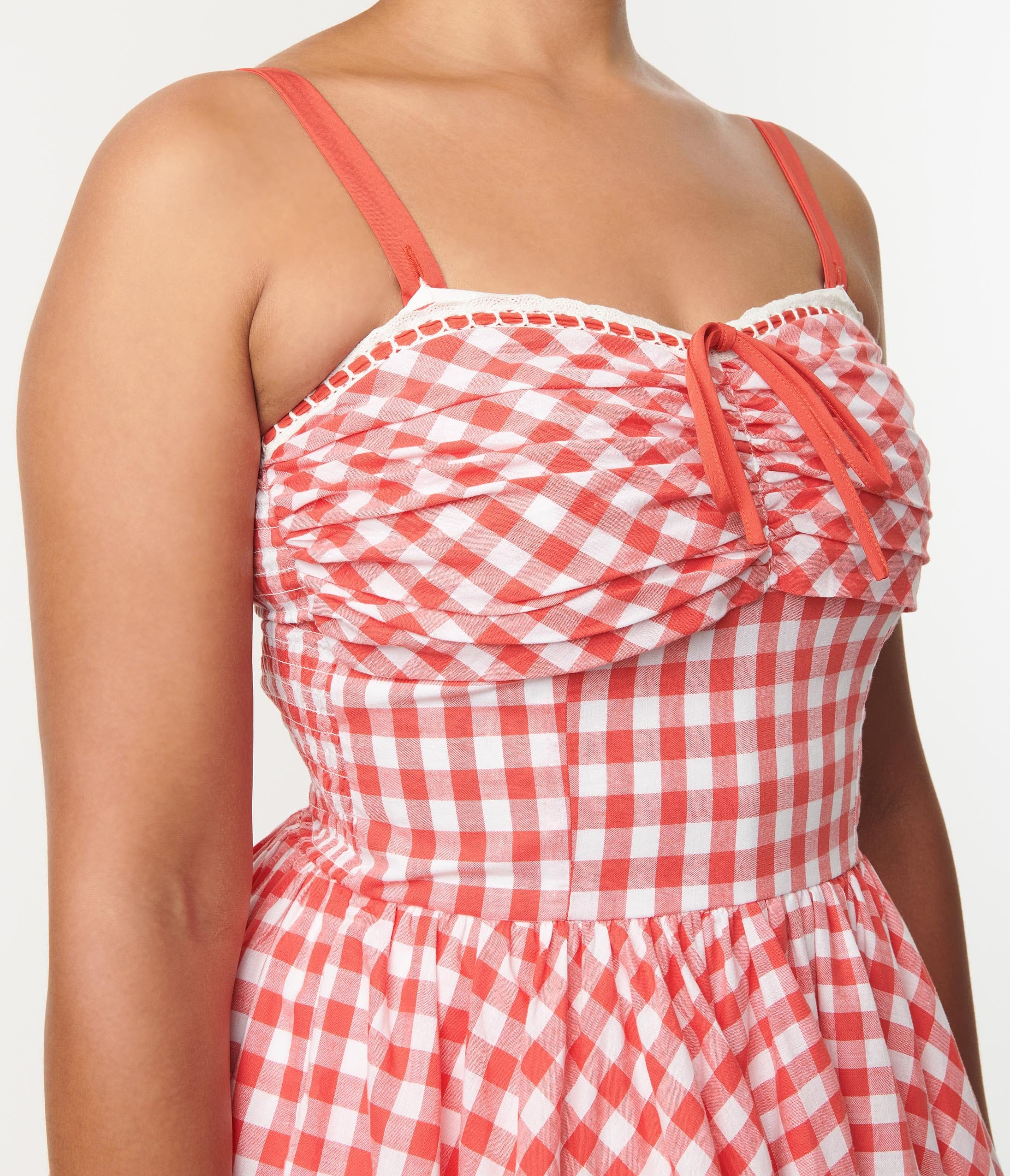 Unique Vintage Coral Red Gingham Golightly Swing Dress