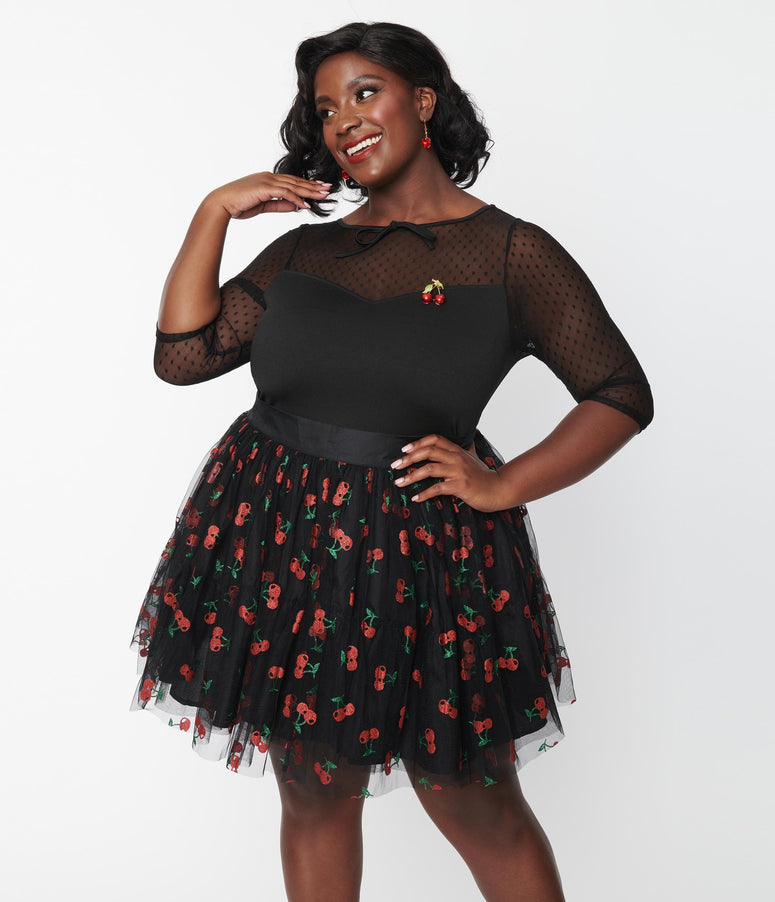 acwashingmachines Plus Size Black & Red Cherry Sweetie Pie Flare Skirt