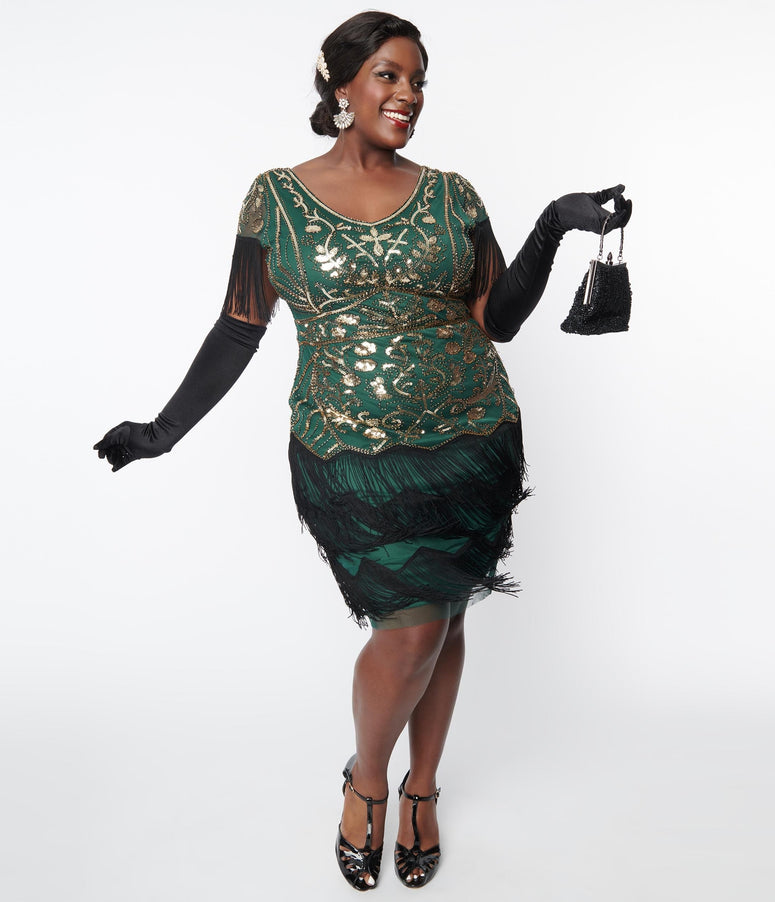 acwashingmachines Plus Size 1920s Emerald & Gold Sequin Fringe Flapper Dress