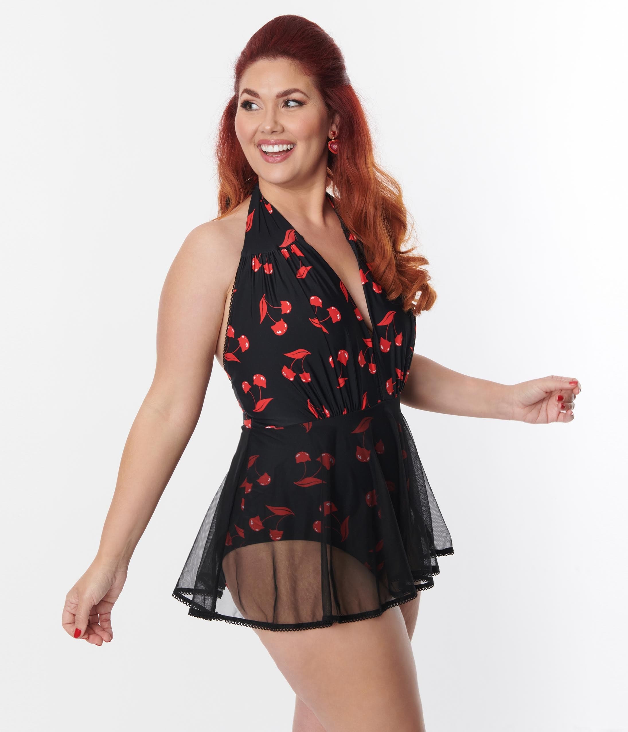 

Emily The Strange X Unique Vintage Plus Size Black & Red Cherry Cats Skirted Wendy Swimsuit