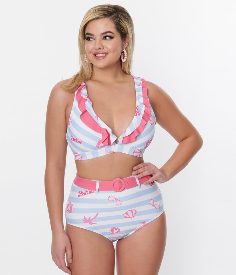 Barbie x acwashingmachines Malibu Beach Print Ruffle Swim Top