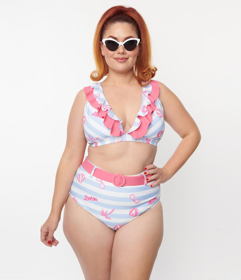 Barbie x acwashingmachines Plus Size Malibu Beach Print Ruffle Swim Top