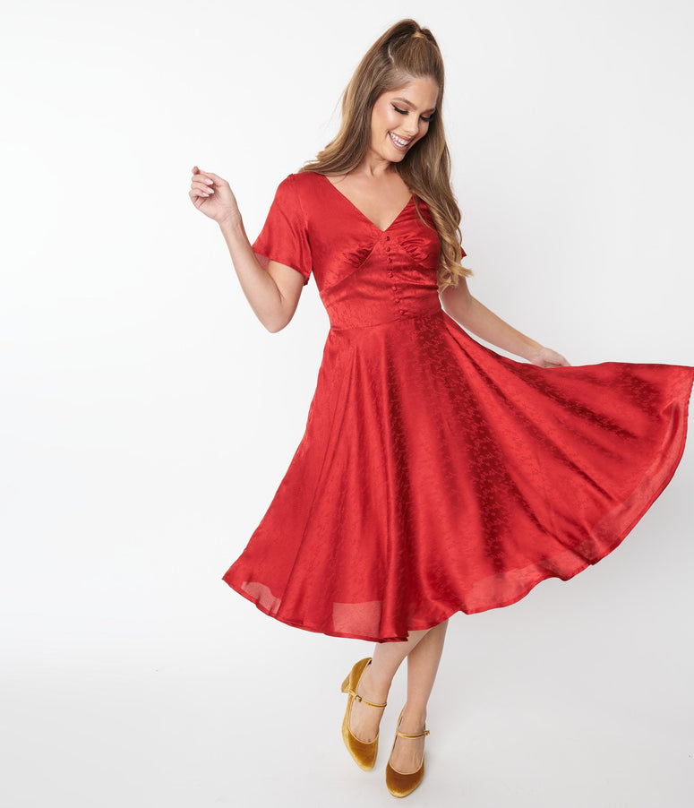 Red Leaf Print Satin Kaylee Swing Dress