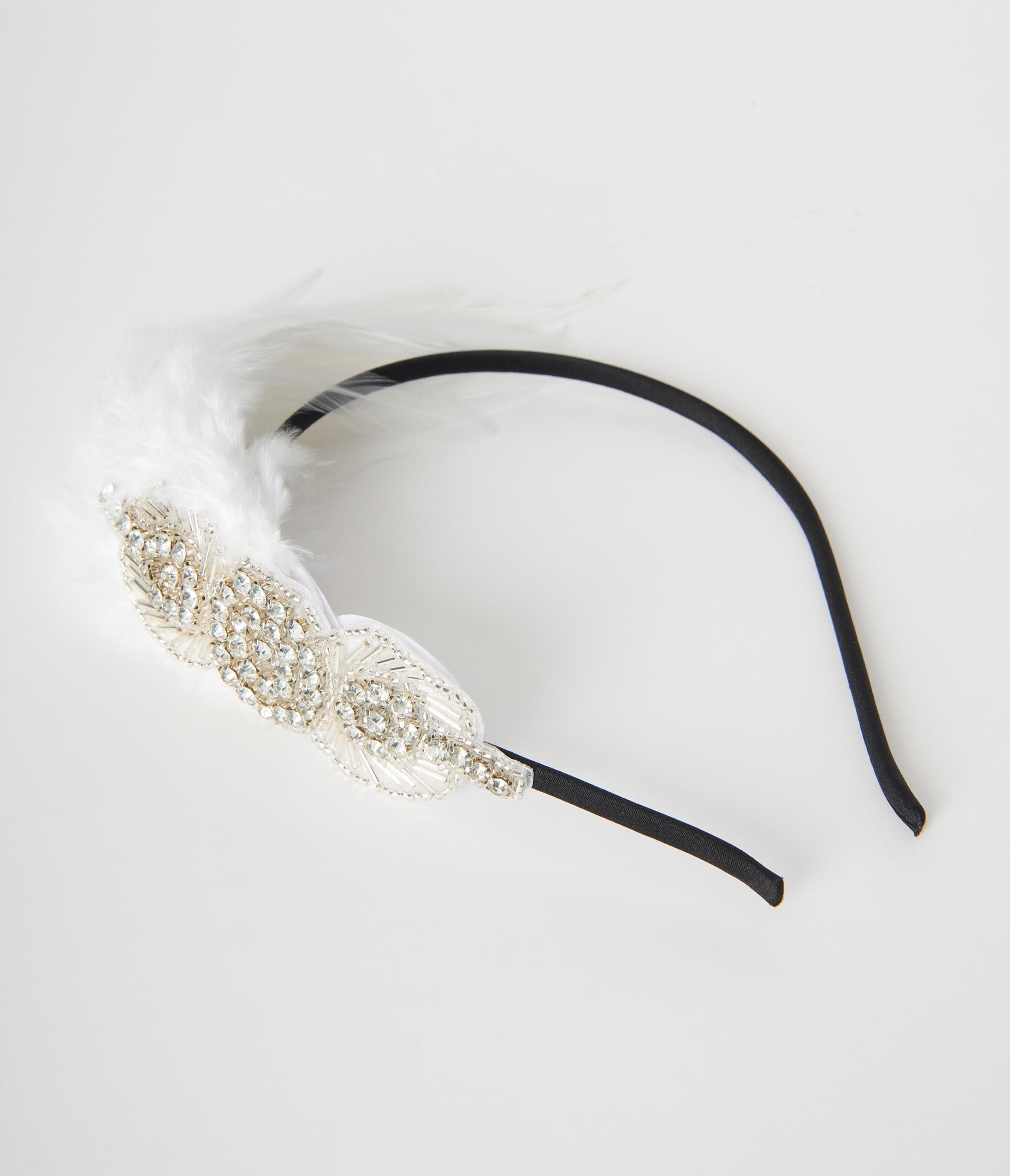 

Unique Vintage 1920S White Coque Feather & Silver Rhinestone Headband