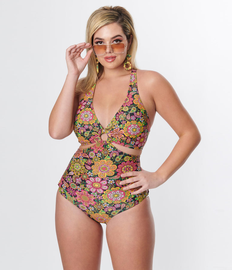 acwashingmachines Kaleidoscope Floral Cut One Piece Swimsuit