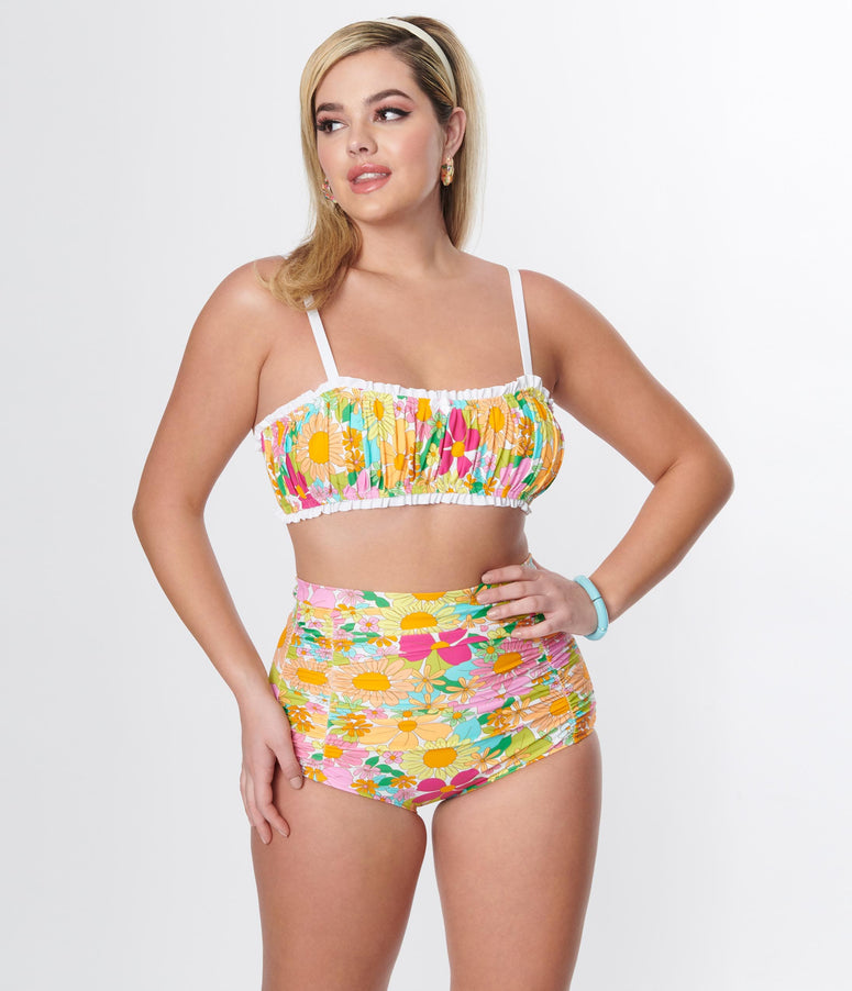 acwashingmachines Multicolor 1970s Floral Shirred Bandeau Swim Top